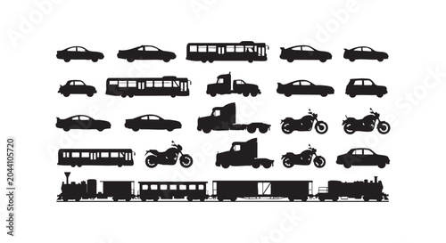 Transportation vehicle silhouette collection featuring various cars buses trucks motorcycles and vintage steam train engine.