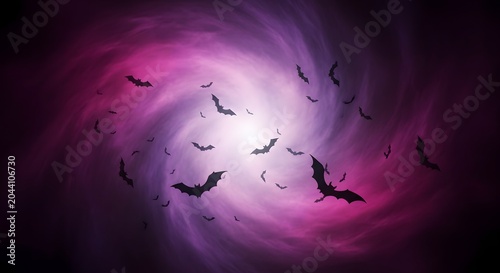 Swarm of bats flying in a dark purple and pink swirling nebula vortex