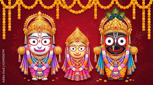 Traditional hindu deities jagannath balabhadra and subhadra with festive marigold flower backdrop