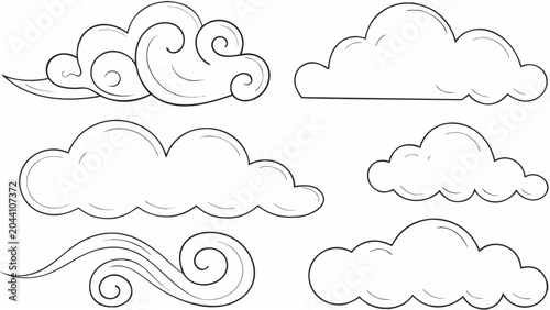 Bild auf Leinwand Variety of cloud shapes rendered as a black and white line illustration on a whi