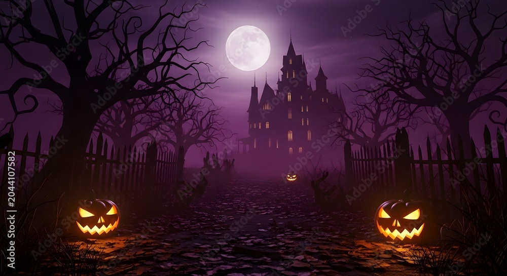Obraz premium Halloween haunted house with jackolanterns and purple moonlit sky