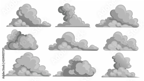 Tableau sur toile Nine grey cloud formations presented as a vector illustration with a white backg