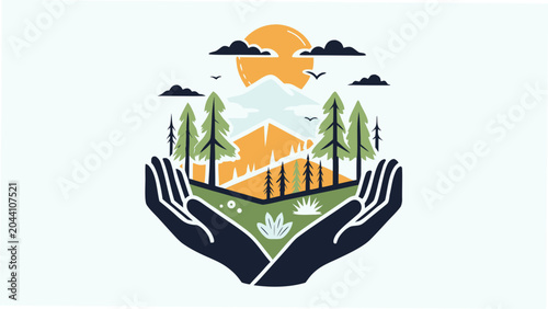 Konstfotografi Hands Cupping A Miniature Landscape Illustration With Mountains Trees And A Risi