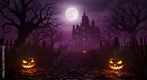 Halloween haunted house with jackolanterns and purple moonlit sky