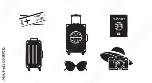 Travel essentials icons including plane tickets passport luggage sunglasses camera and sun hat.