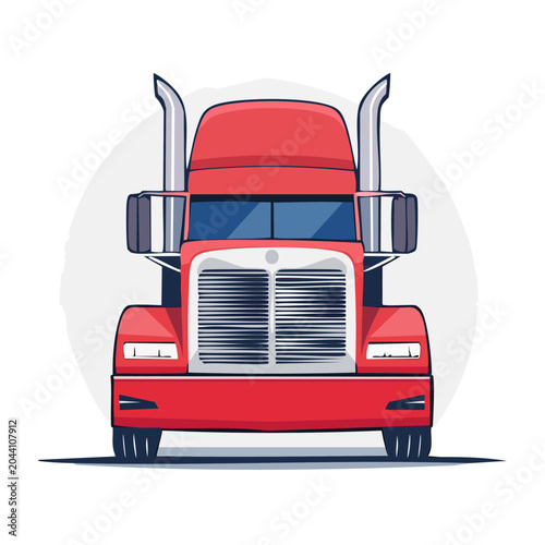 Red Semi-Truck Front View Flat Design Illustration