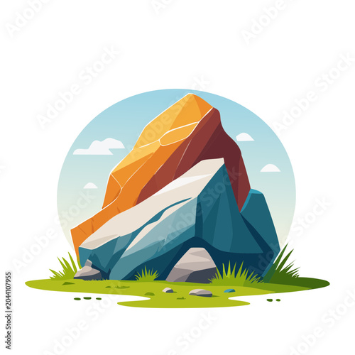 Stylized rock formation with grass and sky