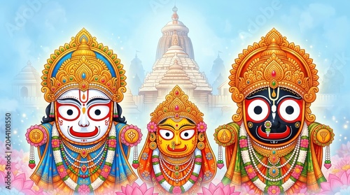 Traditional hindu deities jagannath balabhadra and subhadra with ornate temple background digital