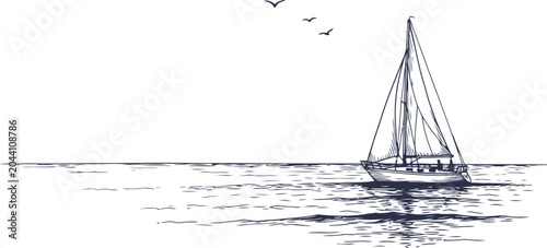 A minimalist black and white ink sketch featuring a lone sailboat gliding across calm ocean water
