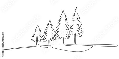 Continuous single line drawing of a small group of evergreen pine trees