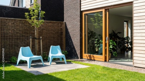 Outdoor scene featuring two blue chairs, a sliding door, and lush green grass in a backyard setting.