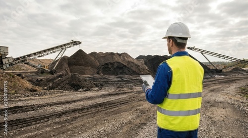 Man in hard hat and safety vest standing in front of industrial mining equipment