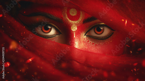 Close-up of woman's face covered in red paint during Durga Puja festival
