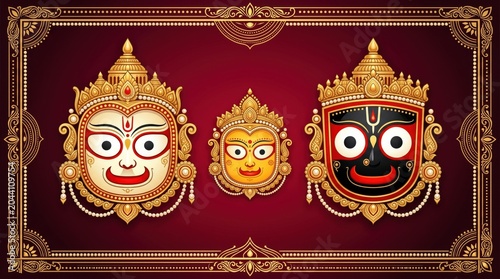 Traditional indian deities jagannath balabhadra and subhadra faces with golden ornaments on a dark red background