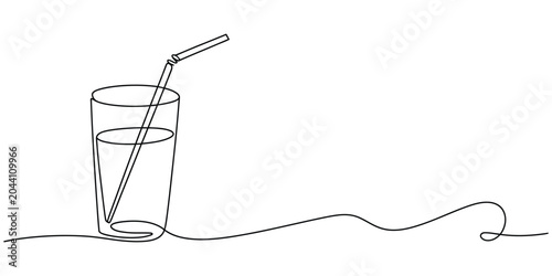 Continuous single line drawing of a glass of water with a drinking straw