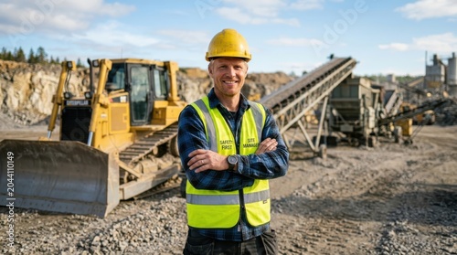 Construction site manager standing in front of heavy machinery on a sunny day