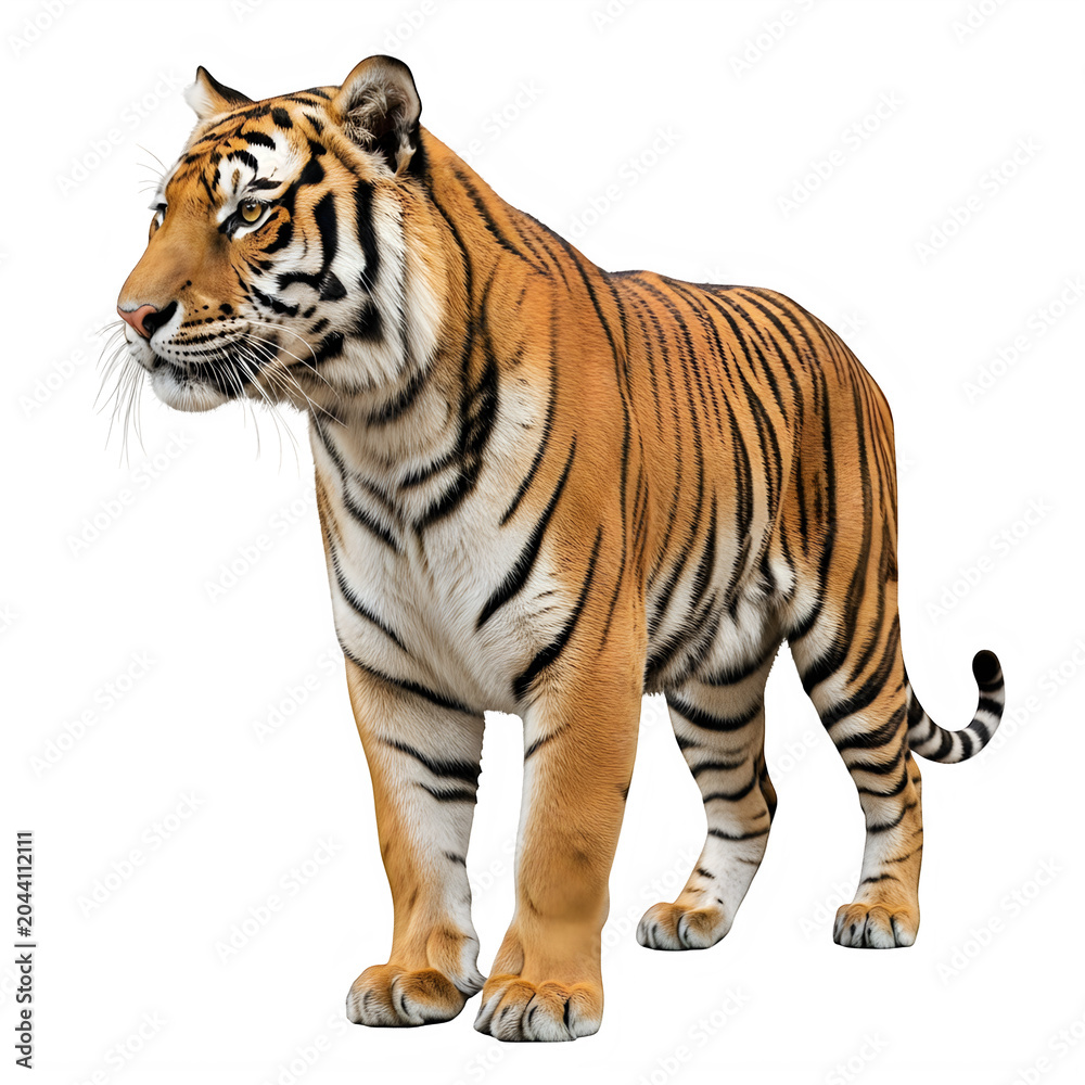 Obraz premium Majestic tiger standing and looking to the side isolated on transparent background