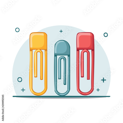 Three colorful paperclips in flat design style