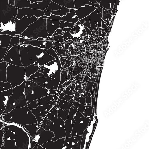 Billede på lærred Chennai India Vector Map, Detailed City Street Map Black and White Minimalist Li