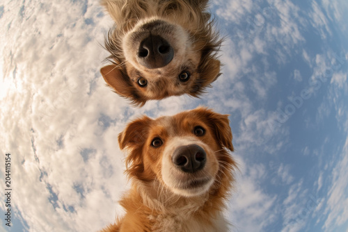 Two dogs, one black and tan and the other golden, looking down at the camera against a blue sky with clouds, showcasing their curious expressions and playful demeanor
