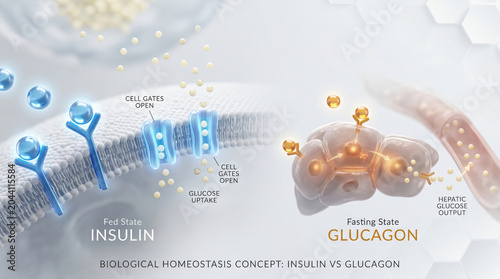 Insulin vs glucagon hormone concept on cell membrane, fed state insulin receptor with glucose uptake and fasting state glucagon receptor with hepatic glucose output medical illustration