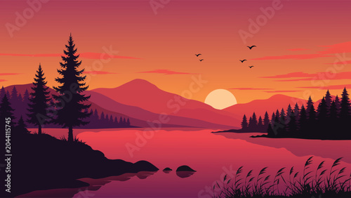 Beautiful sunset lake landscape vector illustration with mountain silhouettes and pine forest trees