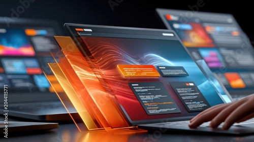 A futuristic laptop displaying dynamic, layered digital interfaces with code and data visuals, highlighting advanced technology and software development.