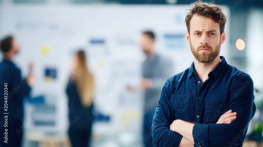 Obraz premium Male product manager standing with arms crossed in a tech office while colleagues discuss ideas at a whiteboard.