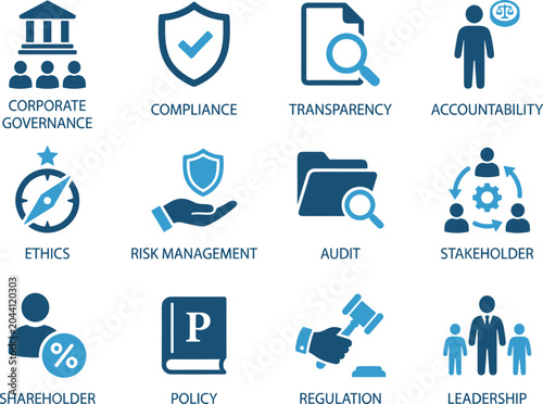 Fotografia Corporate governance icon set, 12 business compliance and risk management symbol