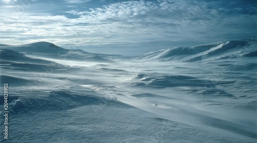 極地の風雪が刻んだ広大な雪原風景
Vast wind-shaped polar snowfield landscape under cold winter light