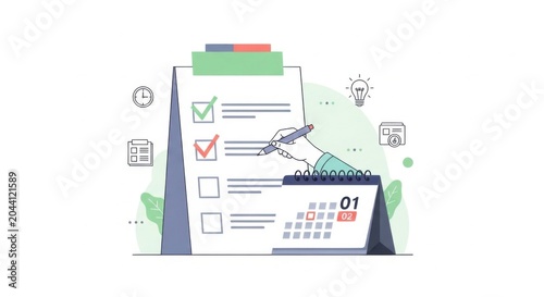 Businesswoman checking tasks on a large clipboard.