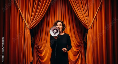 Woman speaking through a megaphone on stage.