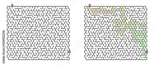 Labyrinth game grid with outlined path solution in orange and green  
