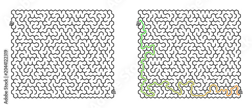 Labyrinth game grid with solved path and intricate line design  