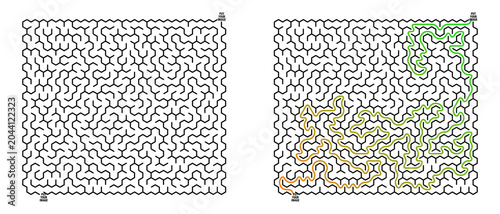 Labyrinth game grid illustration showing complex pathways and solutions  