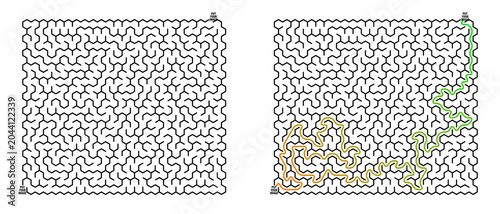 Labyrinth game grid illustrating paths with colored routes  