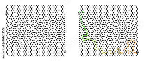 Maze grid layout with paths in green and orange colors  