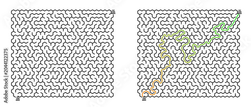 Labyrinth game grid with marked path on white background  