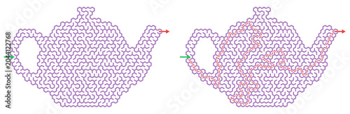 Teapot maze illustration in two designs with purple lines