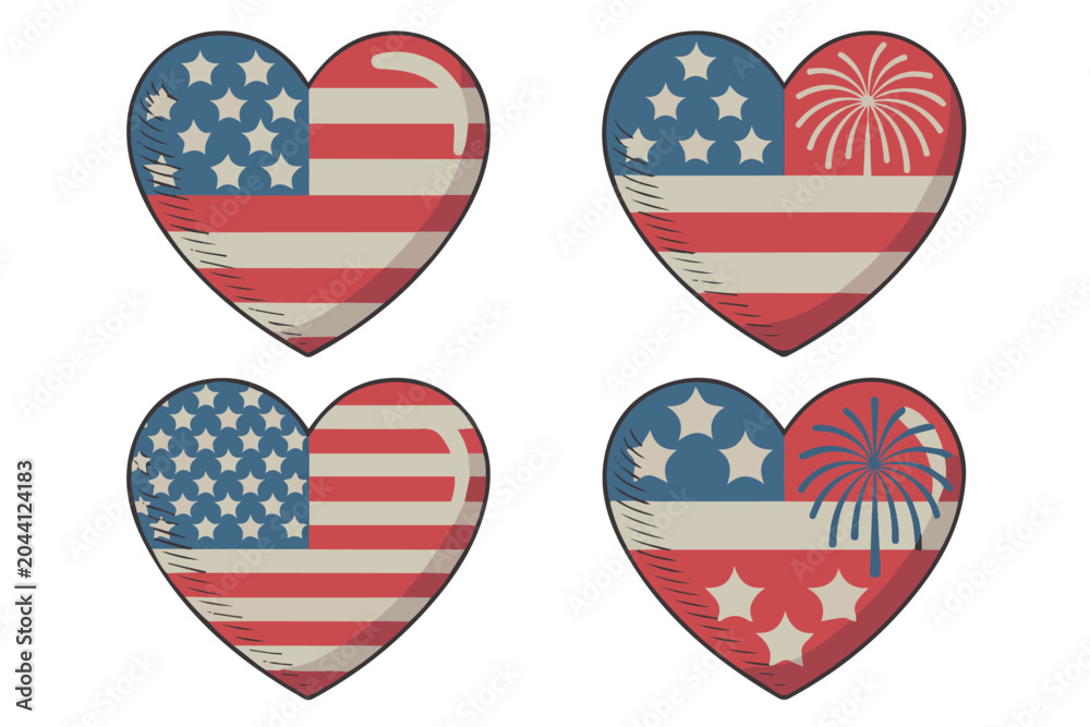 Fototapeta premium set of Hearts for Independence day 4th of July vector illustration isolated on white background
