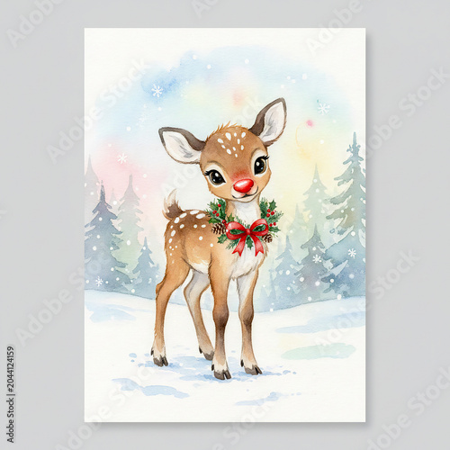 Cute watercolor Christmas illustration of a red-nosed reindeer calf with a festive wreath around its neck, standing in fresh snow under soft falling snowflakes, gentle forest background 