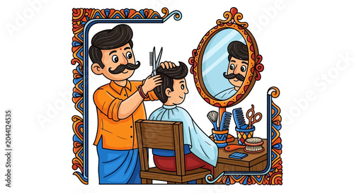 Man getting haircut by barber shop.