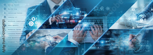 Operational efficiency. Expert industrial engineers implementing robotic software tools to optimize supply chain workflows in a global business network. Modern smart industrial trends.