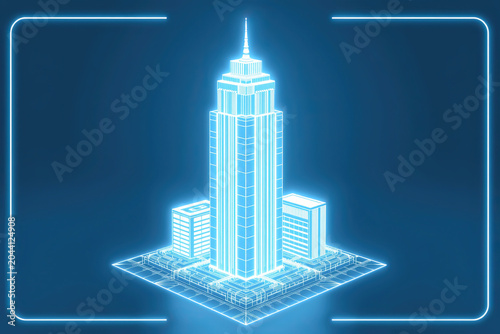 Futuristic Neon Cityscape with Skyscraper and Grid Layout