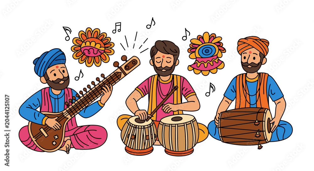 Obraz premium Traditional Indian musicians playing instruments.