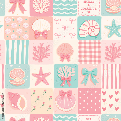 Coquette Seashell Patchwork Seamless Pattern, Pink Coastal Summer Digital Paper, Cute Beach Bow Shell Repeat Pattern, Preppy Ocean