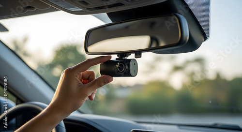 Hand adjusting compact black car dashboard camera near rearview mirror