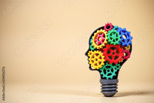 Creative Brainstorming Sculpture with Colorful Gears and Light Bulb Base
