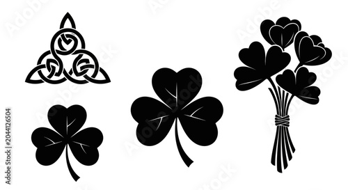 Black celtic knot design three leaf clovers and a bouquet of shamrocks for st patrick's day irish symbols luck celebration and cultural heritage in silhouette style