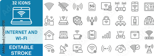 Fényképezés Internet and Wi-Fi Line Icon Set